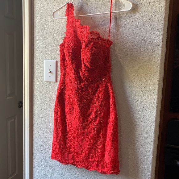 Mori Lee Dresses & Skirts - Mori Lee red rhinestone lace cocktail one shoulder dress. Size 3/4